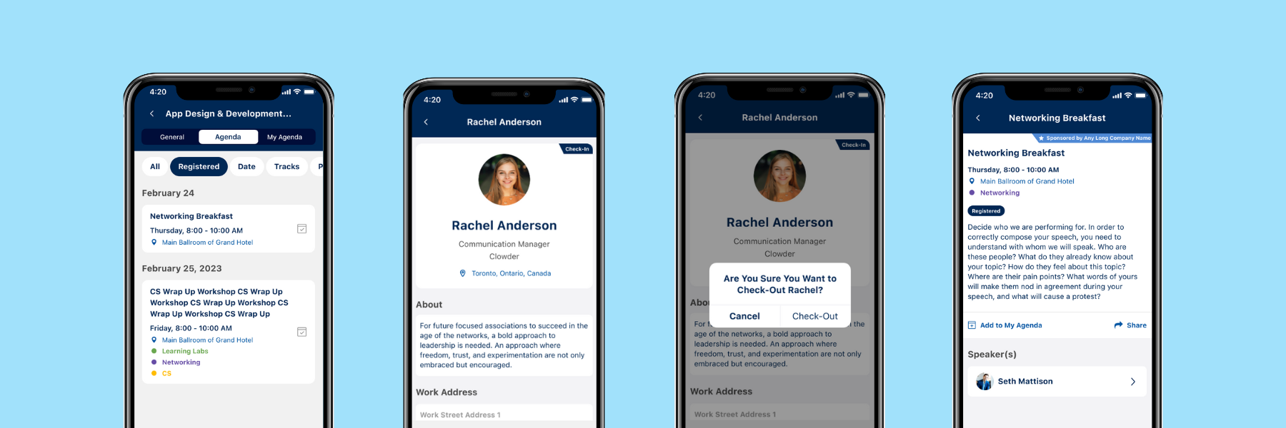 Four smartphones showing the event and conference management features of Clowder's mobile app for associations.